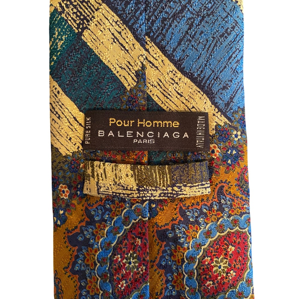 Balenciaga Paris Pour Homme Silk Tie Blue Gold Paisley Abstract Geometric Italy